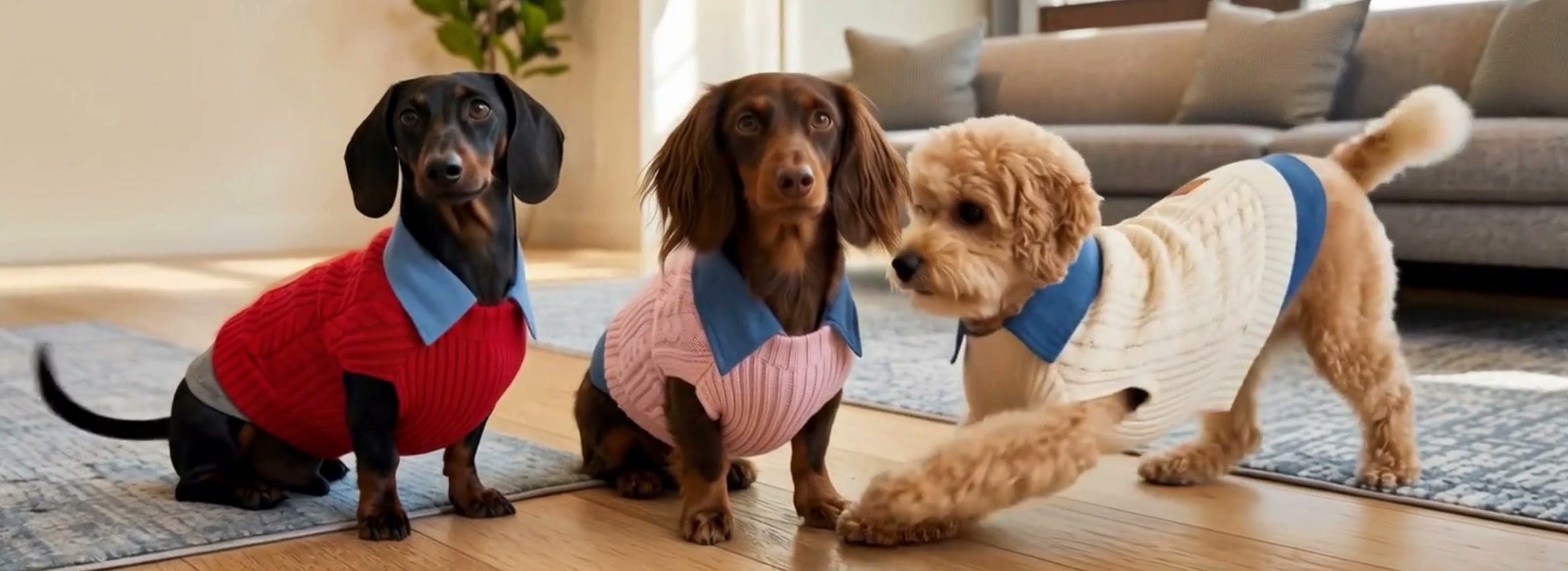 Three dogs wearing the 2026 Limited Edition sweaters